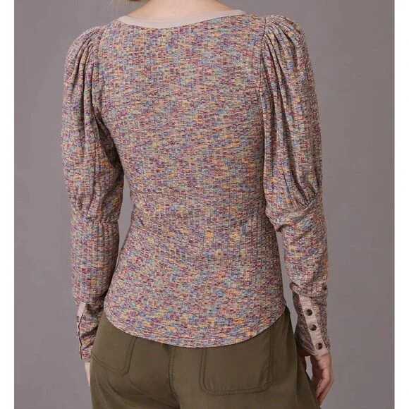 Anthropologie Top Women's Size Small Puff Sleeve Knit Henley‎ Top Space Dyed - Picture 2 of 8